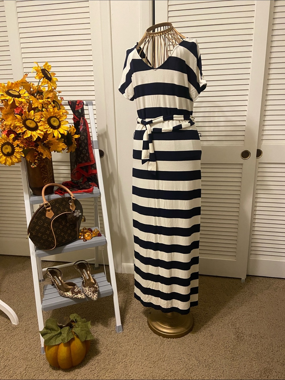 Banana Republic Navy and White Striped Belted Maxi Dress